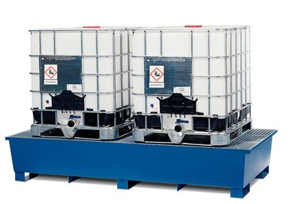 IBC sump pallet TC-2F painted steel, with galvanized grid & forklift pockets for 2 IBCs